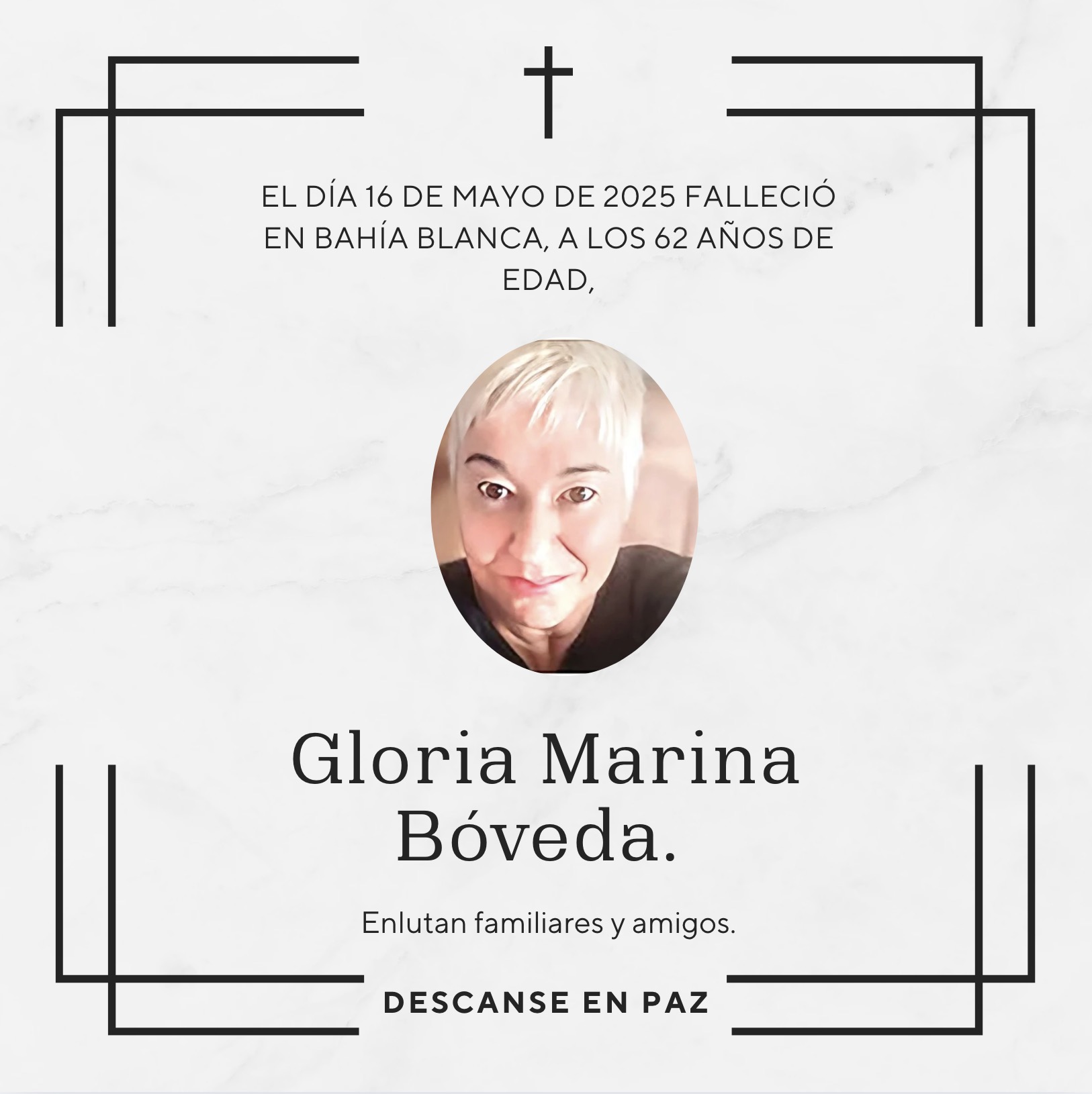 Fallecimiento | Gloria Marina Bóveda.